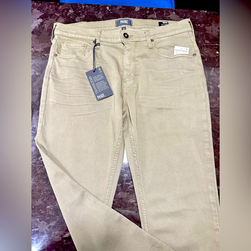 Paige Federal slim straight Jeans. 33, olive green, stretch, NWT